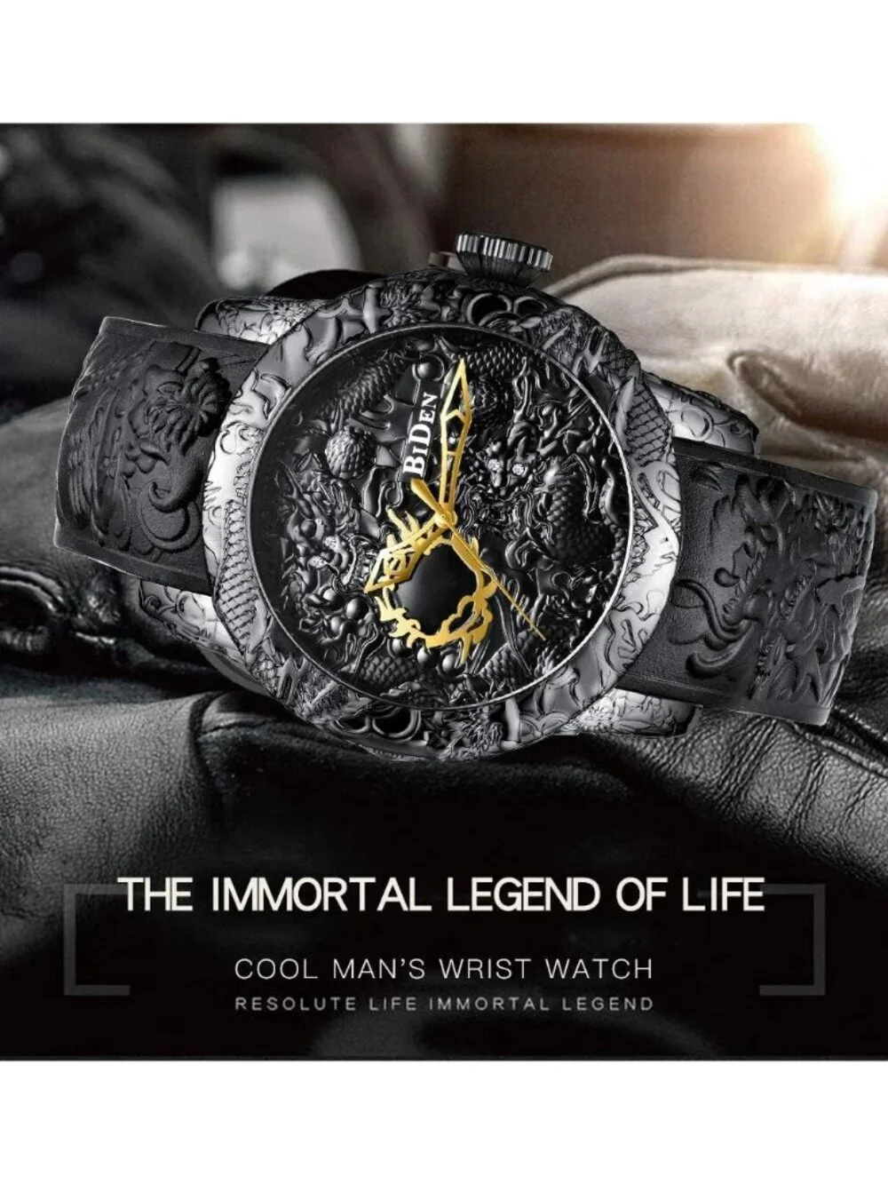 Men's Black Analog Quartz Big Dial 3D Sculpture Dragon Round Luxury Wrist Watch